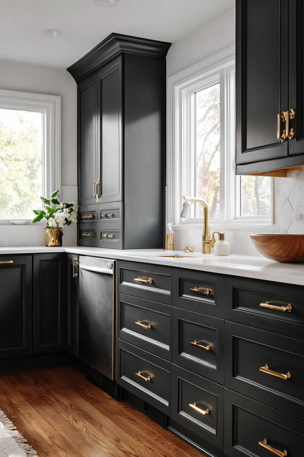 Charcoal Gray Kitchen Cabinets With White Countertops