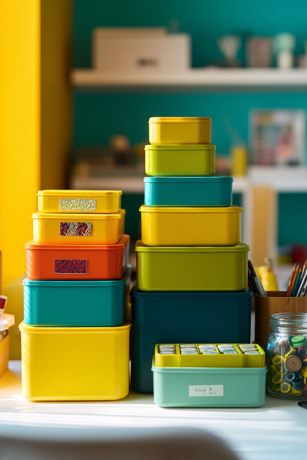 Colorful Storage Boxes On A Shelf