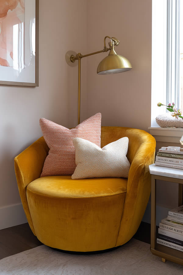 Corner Reading Nook With A Yellow Curved Chair Corner Reading Nook With A Yellow Curved Chair