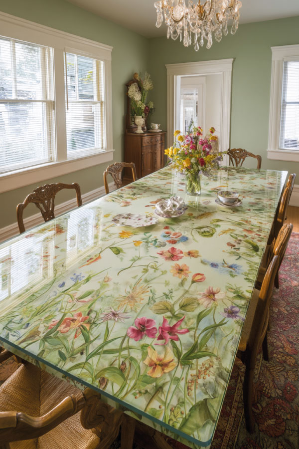 A Table With A Fabric-Covered Glass Top A Table With A Fabric-Covered Glass Top