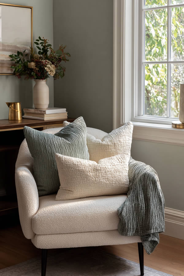 Green Soft Textured Throw Pillows On Reading Chair Green Soft Textured Throw Pillows On Reading Chair