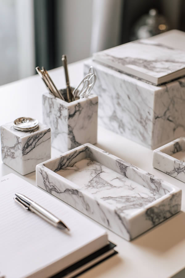 Marble Desktop Organizer Set On A White Desk Marble Desktop Organizer Set On A White Desk
