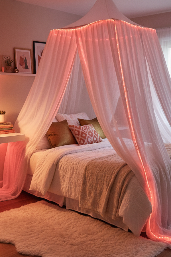 Bedroom Coral Pink Led Strip Lights Framing Canopy Bed