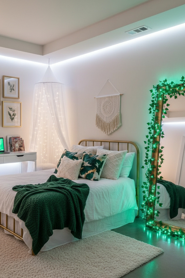 Bedroom Emerald Green Led Vine Lights Wrapped Around Mirror