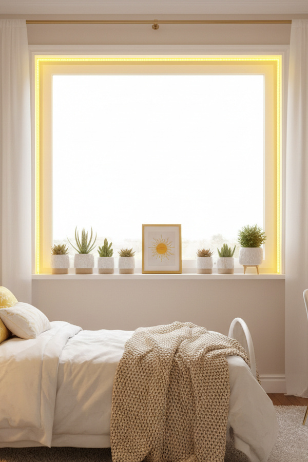 Bedroom Sunshine Yellow Led Rope Lights Outlining Window Frame