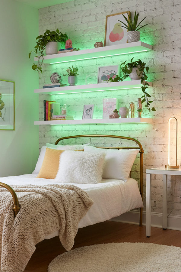 Bedroom Lime Green Led Strips Behind Floating Shelves
