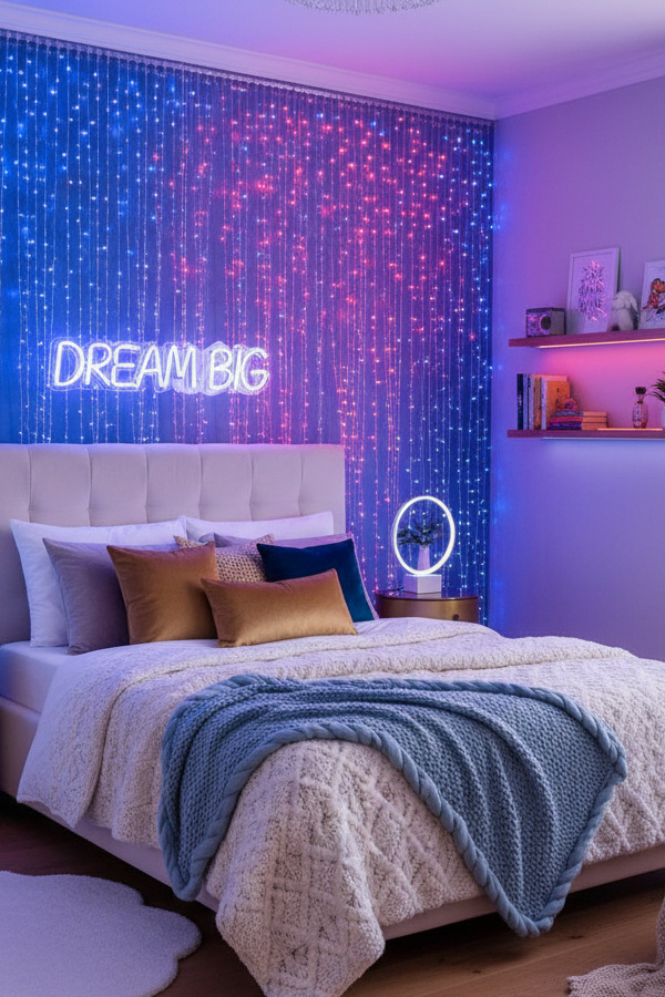 Bedroom Cobalt Blue Led Curtain Lights Creating Dreamy Backdrop