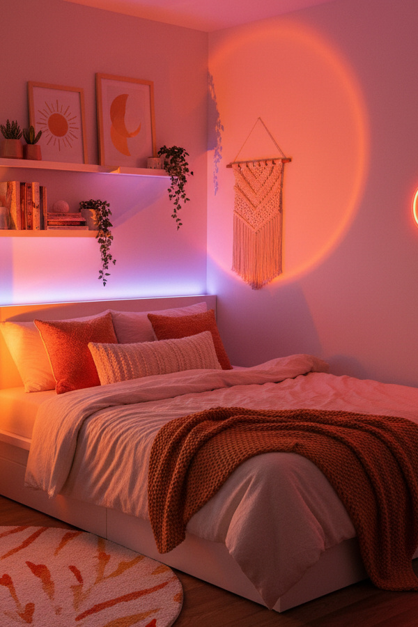 Bedroom Tangerine Orange Led Sunset Lamp On Bedside Table