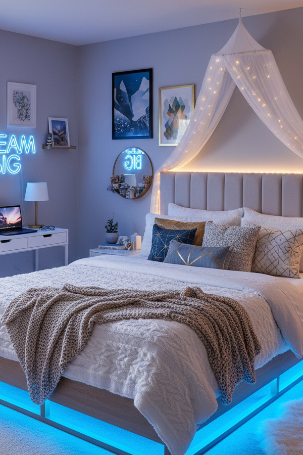 Bedroom Electric Blue Led Strips Under Platform Bed Frame