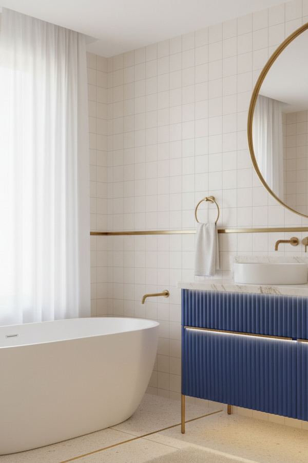 Bathroom Cobalt Blue Fluted Glass Vanity Front With Backlit LED Bathroom Cobalt Blue Fluted Glass Vanity Front With Backlit LED