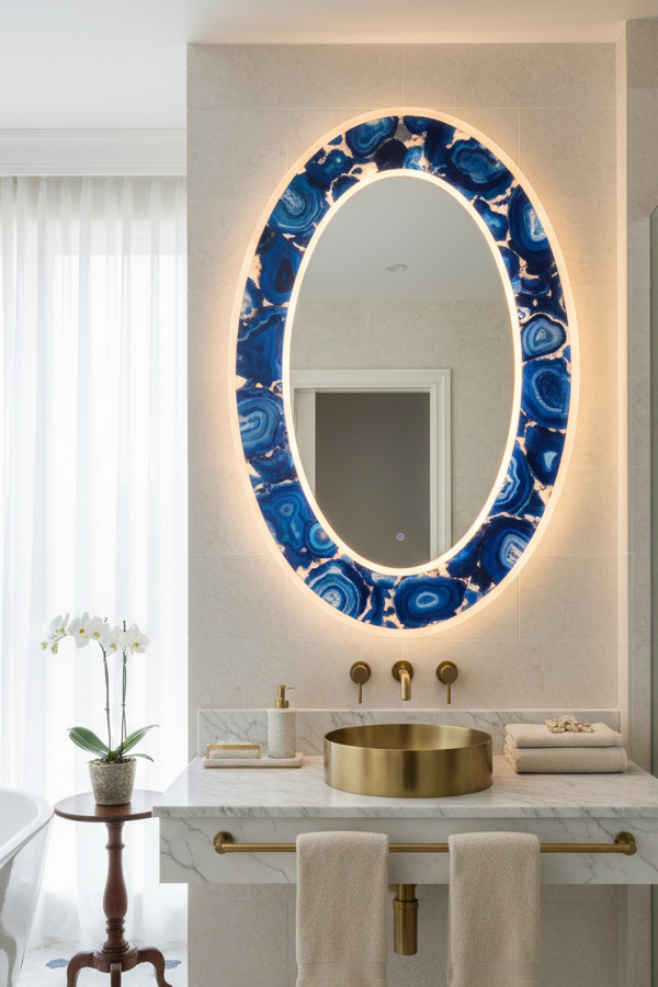 Bathroom Sapphire Blue Agate Stone Slice Backlit Mirror Frame Bathroom Sapphire Blue Agate Stone Slice Backlit Mirror Frame