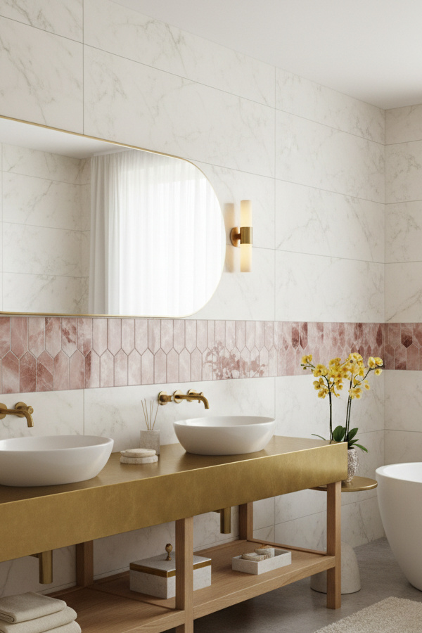 Bathroom Rose Quartz Crystal Tile Accent Strip At Eye Level Bathroom Rose Quartz Crystal Tile Accent Strip At Eye Level