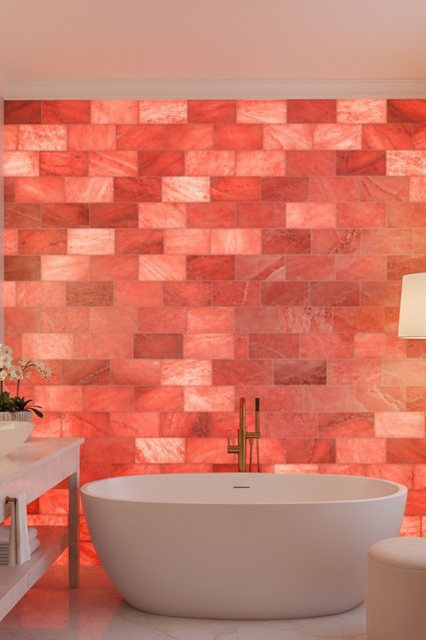 Bathroom Coral Pink Himalayan Salt Block Wall With Integrated Lighting Bathroom Coral Pink Himalayan Salt Block Wall With Integrated Lighting