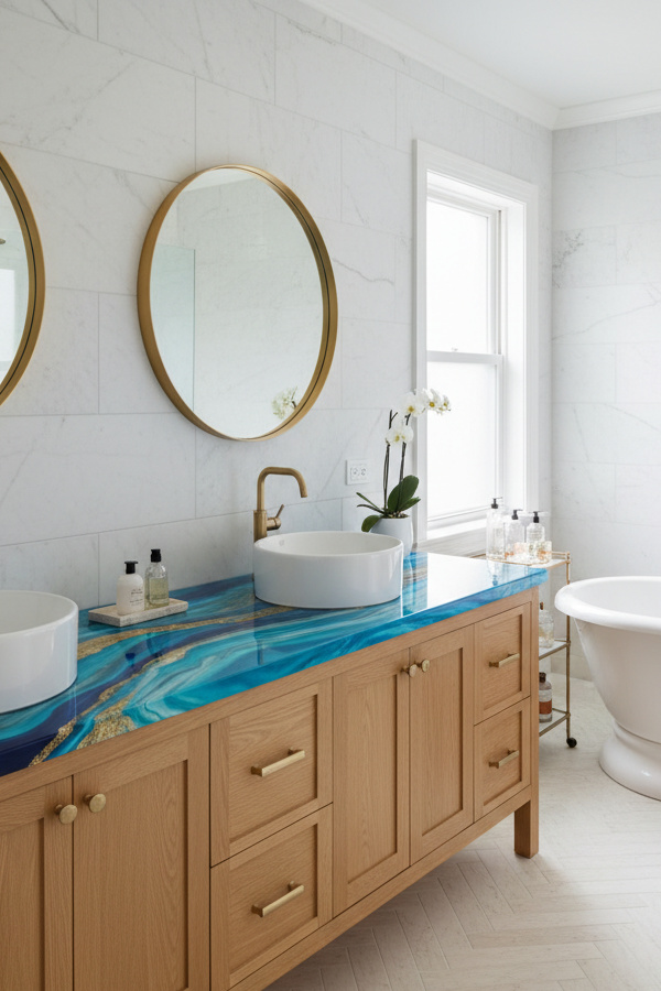 Bathroom Electric Turquoise Resin River Pour Vanity Countertop Bathroom Electric Turquoise Resin River Pour Vanity Countertop