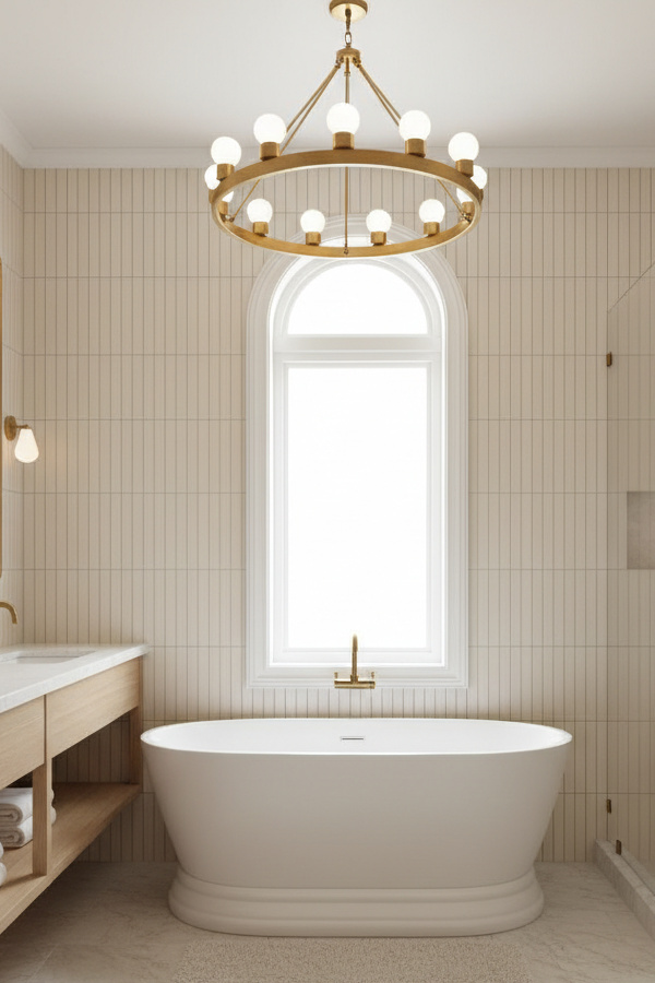 Bathroom Soft Cream Ribbed Porcelain Tile In Vertical Installation Bathroom Soft Cream Ribbed Porcelain Tile In Vertical Installation