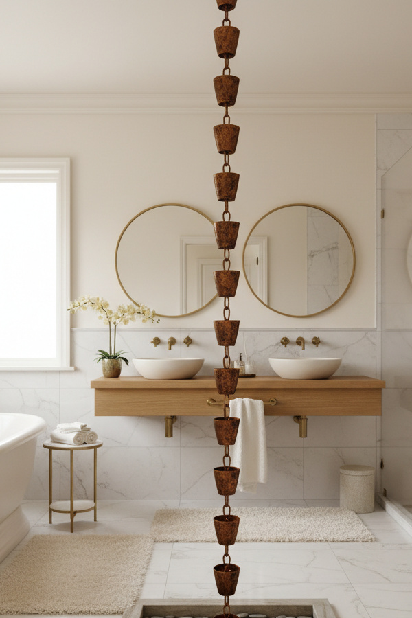 Bathroom Burnt Sienna Weathered Brass Rain Chain Water Feature Bathroom Burnt Sienna Weathered Brass Rain Chain Water Feature