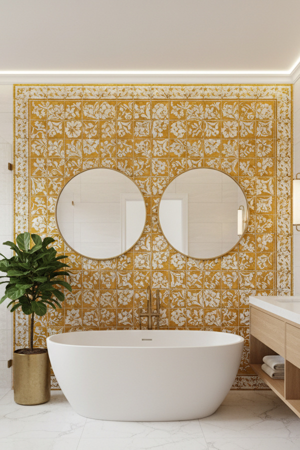 Bathroom Sunshine Yellow Hand-Painted Portuguese Azulejo Tile Mural Bathroom Sunshine Yellow Hand-Painted Portuguese Azulejo Tile Mural