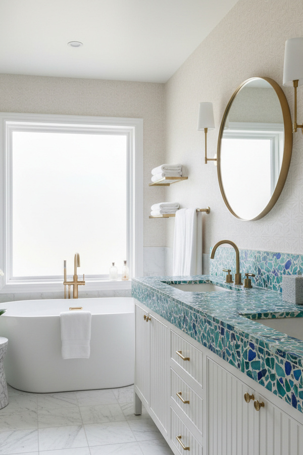 Bathroom Peacock Teal Recycled Glass Aggregate Terrazzo Custom Countertop Bathroom Peacock Teal Recycled Glass Aggregate Terrazzo Custom Countertop