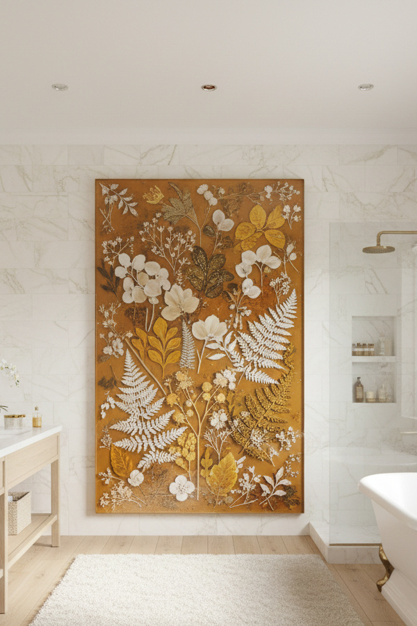 Bathroom Warm Amber Resin-Embedded Dried Botanical Wall Art Panel Bathroom Warm Amber Resin-Embedded Dried Botanical Wall Art Panel