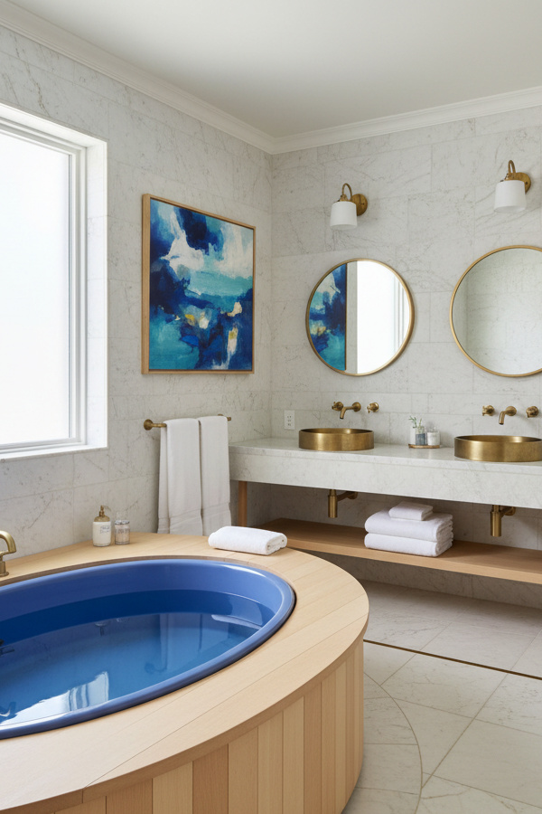 Bathroom Periwinkle Blue Japanese Soaking Tub With Hinoki Wood Surround Bathroom Periwinkle Blue Japanese Soaking Tub With Hinoki Wood Surround