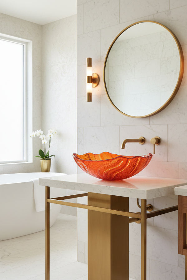 Bathroom Tangerine Orange Murano Glass Sculptural Sink Basin Bathroom Tangerine Orange Murano Glass Sculptural Sink Basin