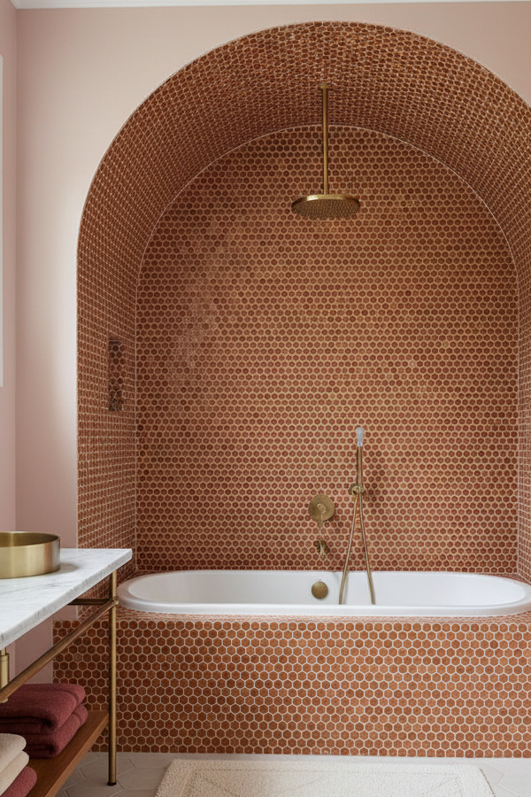 Bathroom Burnt Sienna Penny Tile Shower-Tub Combo Surround Bathroom Burnt Sienna Penny Tile Shower-Tub Combo Surround