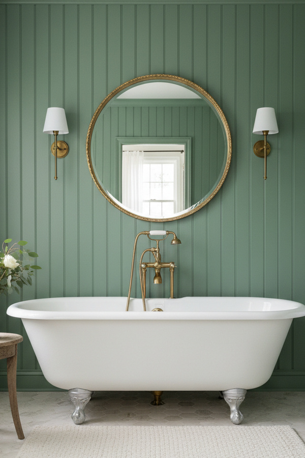 Bathroom Sage Green Shiplap Accent Wall Behind Freestanding Tub Bathroom Sage Green Shiplap Accent Wall Behind Freestanding Tub