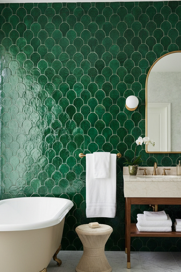 Bathroom Deep Emerald Green Zellige Tile In Classic Arabesque Pattern Bathroom Deep Emerald Green Zellige Tile In Classic Arabesque Pattern