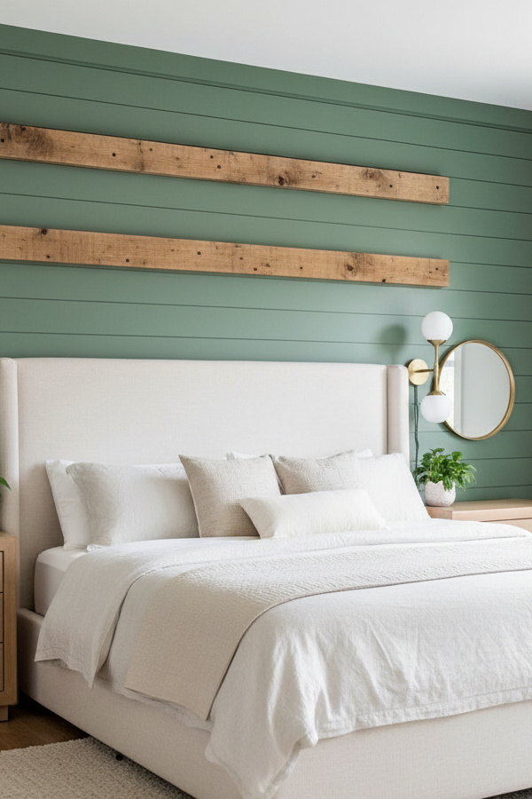 Dining Room Sage Green Shiplap Accent Wall With Rustic Wood Beams Dining Room Sage Green Shiplap Accent Wall With Rustic Wood Beams