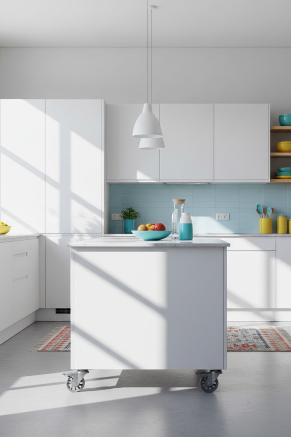 Modular Kitchen Island, White Matte Cabinetry, Mobile Base Unit, Lockable Casters, Bright Contemporary Kitchen Modular Kitchen Island, White Matte Cabinetry, Mobile Base Unit, Lockable Casters, Bright Contemporary Kitchen