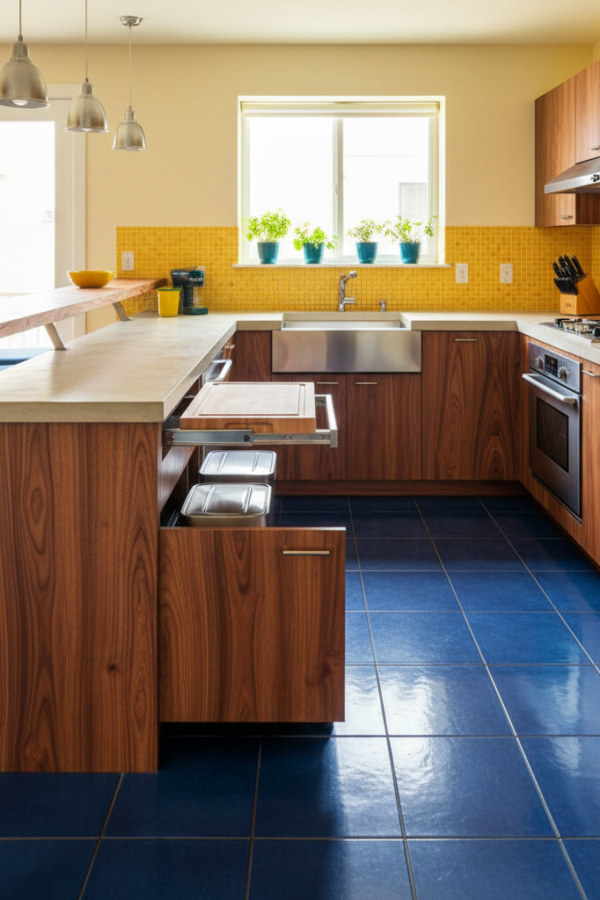 Modular Kitchen Workstation, Walnut Veneer Finish, Pull-Out Cutting Board, Built-In Waste Bins, Bright Efficient Kitchen Modular Kitchen Workstation, Walnut Veneer Finish, Pull-Out Cutting Board, Built-In Waste Bins, Bright Efficient Kitchen