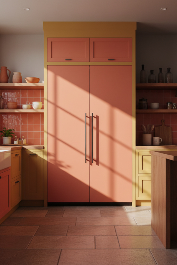 Modular Appliance Housing, Integrated Panel Finish, Tall Cabinet Units, Seamless Refrigerator Front, Sunlit Streamlined Kitchen Modular Appliance Housing, Integrated Panel Finish, Tall Cabinet Units, Seamless Refrigerator Front, Sunlit Streamlined Kitchen