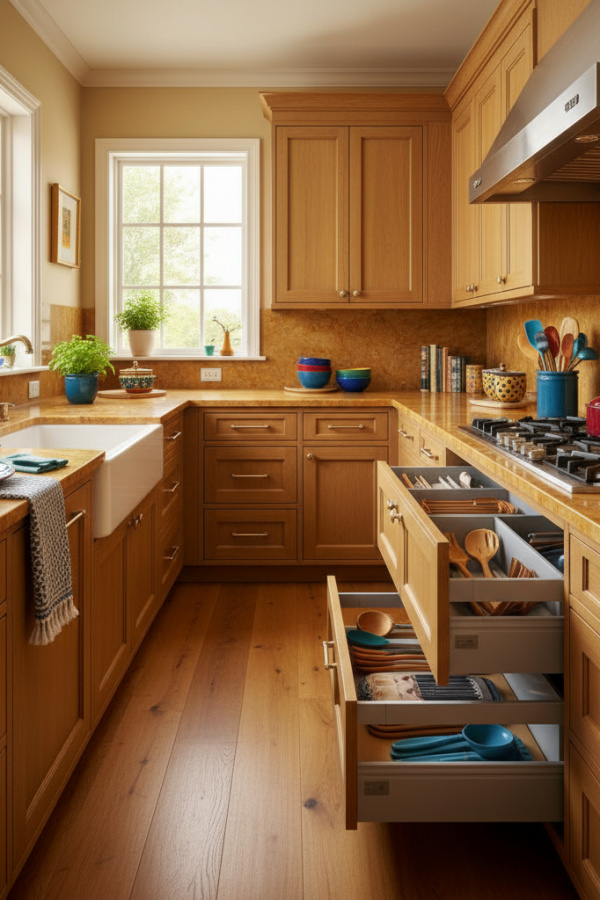Modular Drawer System, Light Gray Laminate, Customizable Inserts, Divider Organization, Vibrant Functional Kitchen Modular Drawer System, Light Gray Laminate, Customizable Inserts, Divider Organization, Vibrant Functional Kitchen