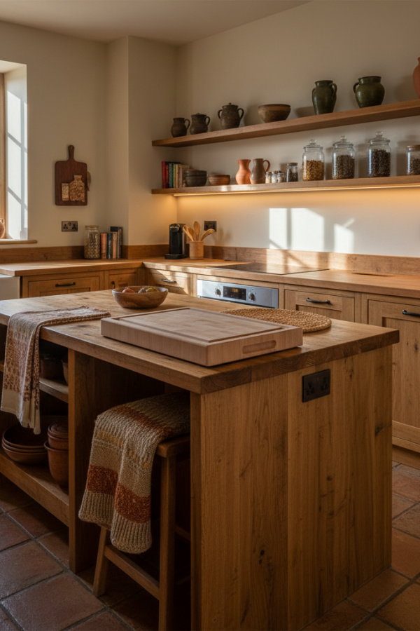 Modular Kitchen Countertop, Butcher Block Surface, Modular Work Sections, Removable Cutting Area, Sunlit Warm Kitchen Modular Kitchen Countertop, Butcher Block Surface, Modular Work Sections, Removable Cutting Area, Sunlit Warm Kitchen