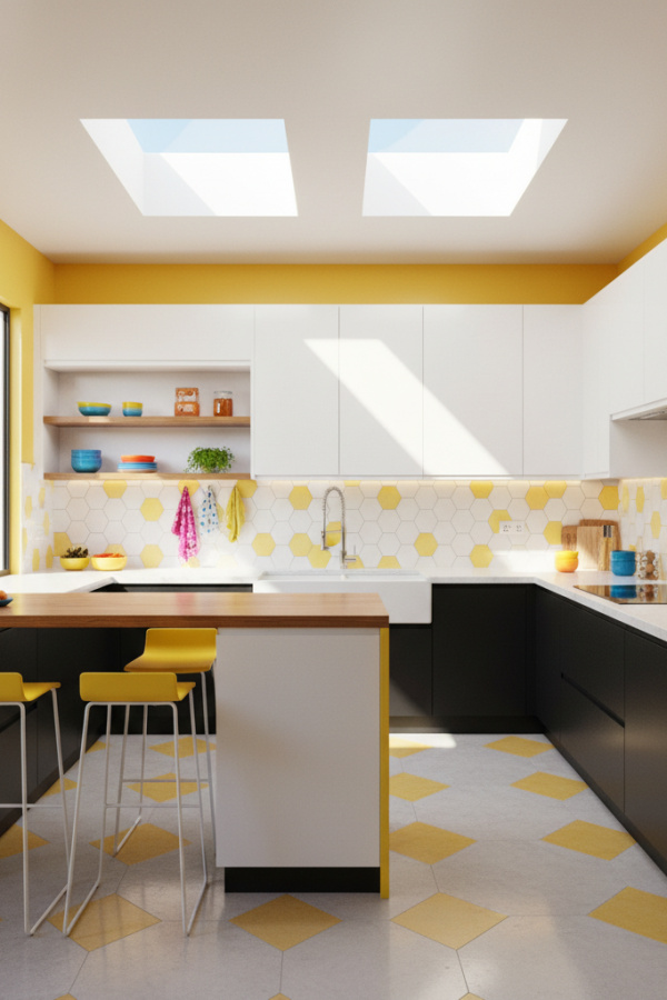 Modular Kitchen Layout, Two-Tone Design, White Upper Black Lower, U-Shape Configuration, Vibrant Transformable Kitchen Modular Kitchen Layout, Two-Tone Design, White Upper Black Lower, U-Shape Configuration, Vibrant Transformable Kitchen