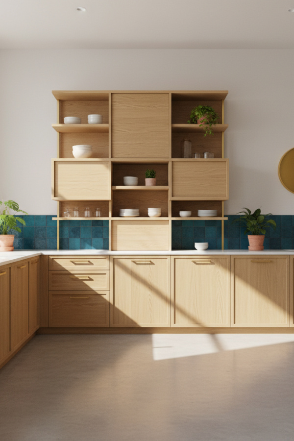Modular Wall Cabinets, Light Oak Wood Finish, Stackable Design, Adjustable Shelving, Sunlit Minimalist Kitchen Modular Wall Cabinets, Light Oak Wood Finish, Stackable Design, Adjustable Shelving, Sunlit Minimalist Kitchen