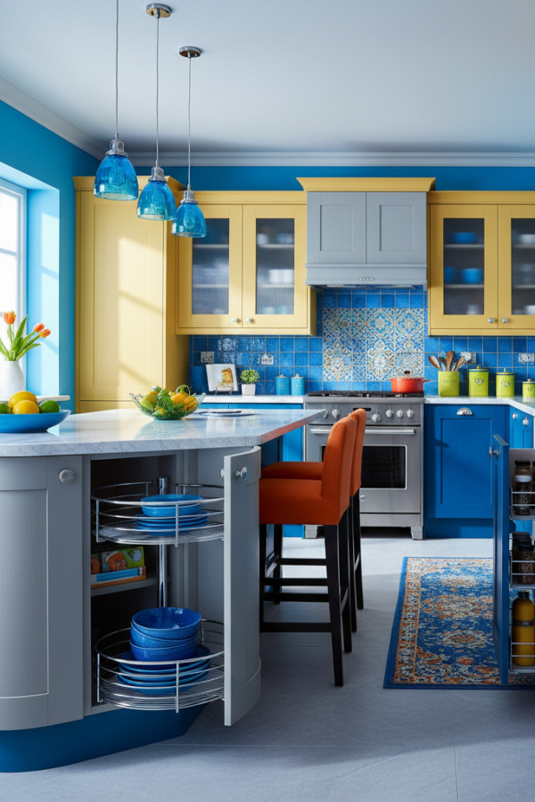 Modular Corner Unit, Gray Laminate Finish, Rotating Carousel System, Pull-Out Access, Vibrant Space-Saving Kitchen Modular Corner Unit, Gray Laminate Finish, Rotating Carousel System, Pull-Out Access, Vibrant Space-Saving Kitchen