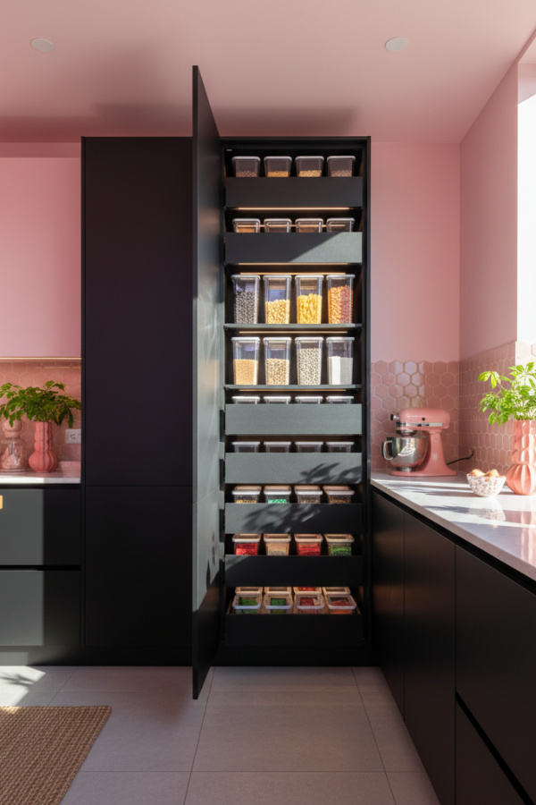 Modular Pantry Tower, Black Matte Cabinetry, Floor-to-Ceiling Storage, Sliding Drawers, Bright Organized Kitchen Modular Pantry Tower, Black Matte Cabinetry, Floor-to-Ceiling Storage, Sliding Drawers, Bright Organized Kitchen