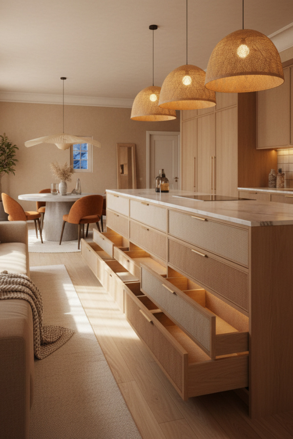 Modular Base Cabinets, Natural Birch Wood, Interchangeable Drawer Units, Soft-Close Mechanism, Sunlit Modern Kitchen Modular Base Cabinets, Natural Birch Wood, Interchangeable Drawer Units, Soft-Close Mechanism, Sunlit Modern Kitchen