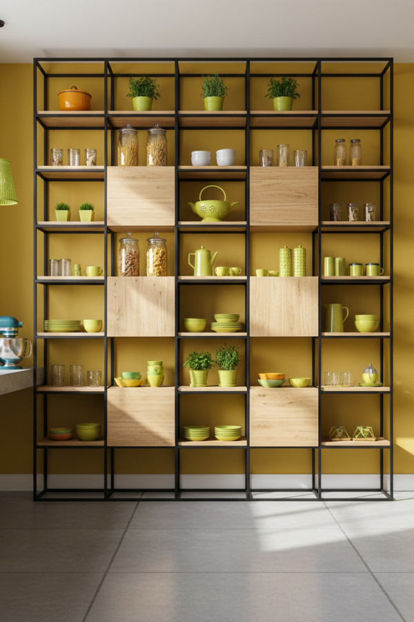 Modular Open Shelving, Black Metal Framework, Wall-Mounted System, Reconfigurable Layout, Bright Industrial Kitchen Modular Open Shelving, Black Metal Framework, Wall-Mounted System, Reconfigurable Layout, Bright Industrial Kitchen