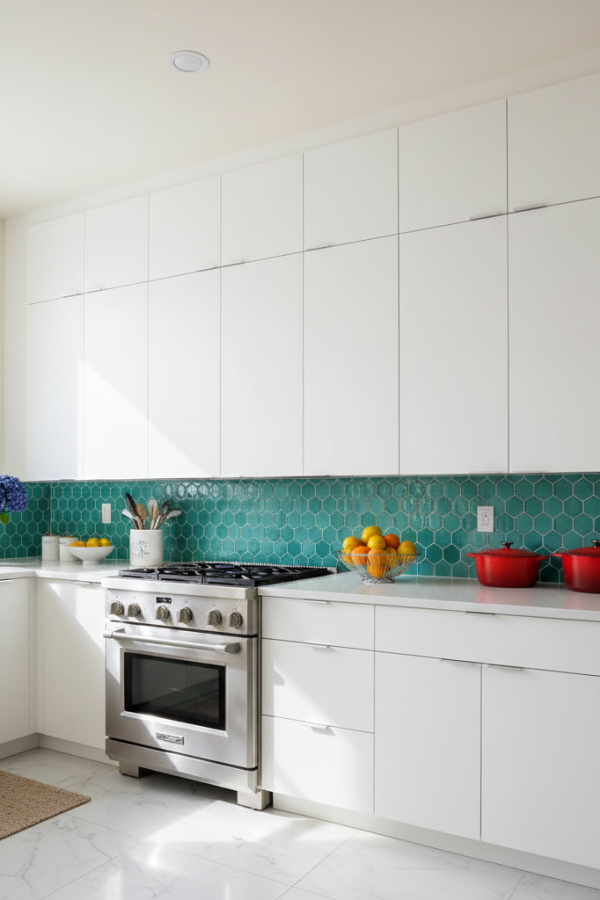 Modular Upper Cabinets, White Handleless Design, Push-Open Mechanism, Modular Grid System, Vibrant Sleek Kitchen Modular Upper Cabinets, White Handleless Design, Push-Open Mechanism, Modular Grid System, Vibrant Sleek Kitchen