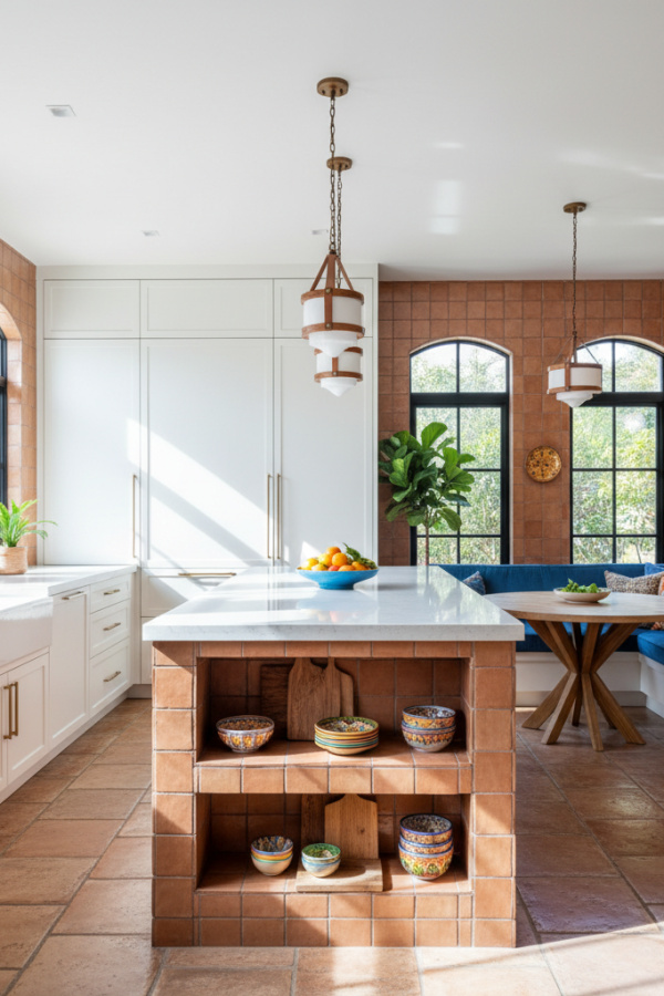 Modern Spanish Kitchen Island, Terracotta Matte Tiles, Sleek White Cabinetry, Bright Contemporary Kitchen Modern Spanish Kitchen Island, Terracotta Matte Tiles, Sleek White Cabinetry, Bright Contemporary Kitchen