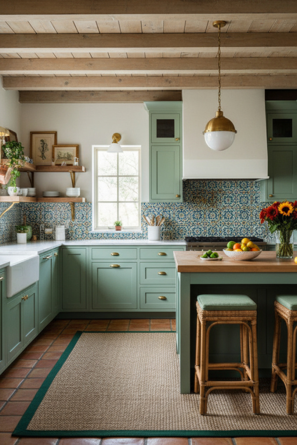 Modern Spanish Kitchen Cabinets, Soft Sage Green, Brass Hardware, Bright Transitional Kitchen Modern Spanish Kitchen Cabinets, Soft Sage Green, Brass Hardware, Bright Transitional Kitchen