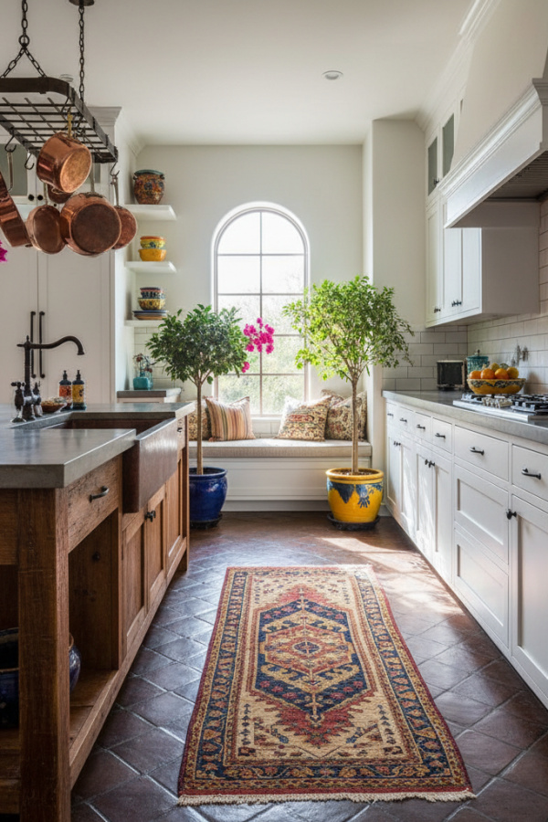 Modern Spanish Kitchen Backsplash, Hand-Painted Tile Accent, White Subway Surround, Sunlit Eclectic Kitchen Modern Spanish Kitchen Backsplash, Hand-Painted Tile Accent, White Subway Surround, Sunlit Eclectic Kitchen
