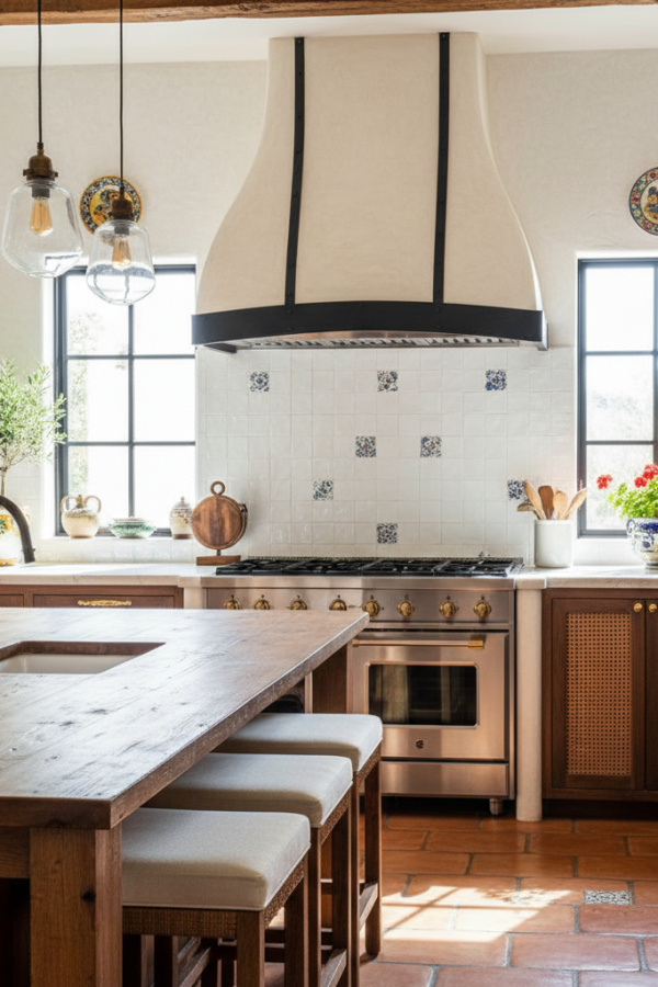 Modern Spanish Kitchen Hood, Cream Plaster Arch, Black Matte Trim, Vibrant Modern Farmhouse Kitchen Modern Spanish Kitchen Hood, Cream Plaster Arch, Black Matte Trim, Vibrant Modern Farmhouse Kitchen