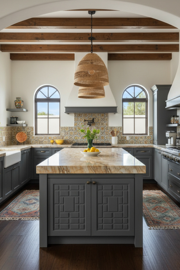 Modern Spanish Kitchen Island, Natural Stone Top, Charcoal Gray Base, Bright Sophisticated Kitchen Modern Spanish Kitchen Island, Natural Stone Top, Charcoal Gray Base, Bright Sophisticated Kitchen