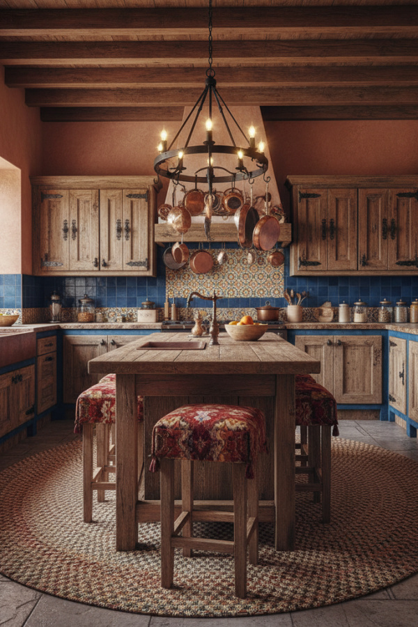 Traditional Spanish Kitchen Cabinets, Distressed Wood Finish, Wrought Iron Hardware, Sunlit Rustic Kitchen Traditional Spanish Kitchen Cabinets, Distressed Wood Finish, Wrought Iron Hardware, Sunlit Rustic Kitchen