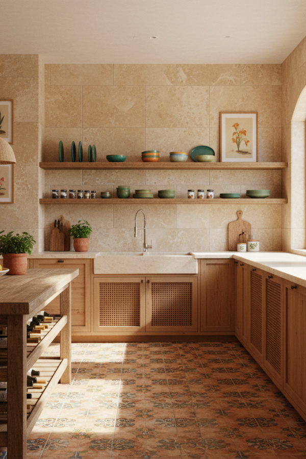 Modern Spanish Kitchen Backsplash, Warm Beige Limestone, Handleless Cabinets, Vibrant Sleek Kitchen Modern Spanish Kitchen Backsplash, Warm Beige Limestone, Handleless Cabinets, Vibrant Sleek Kitchen