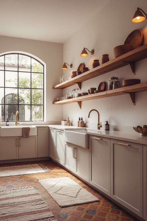 Modern Spanish Kitchen Cabinets, Warm White Walls, Minimalist Wood Shelving, Sunlit Modern Kitchen Modern Spanish Kitchen Cabinets, Warm White Walls, Minimalist Wood Shelving, Sunlit Modern Kitchen