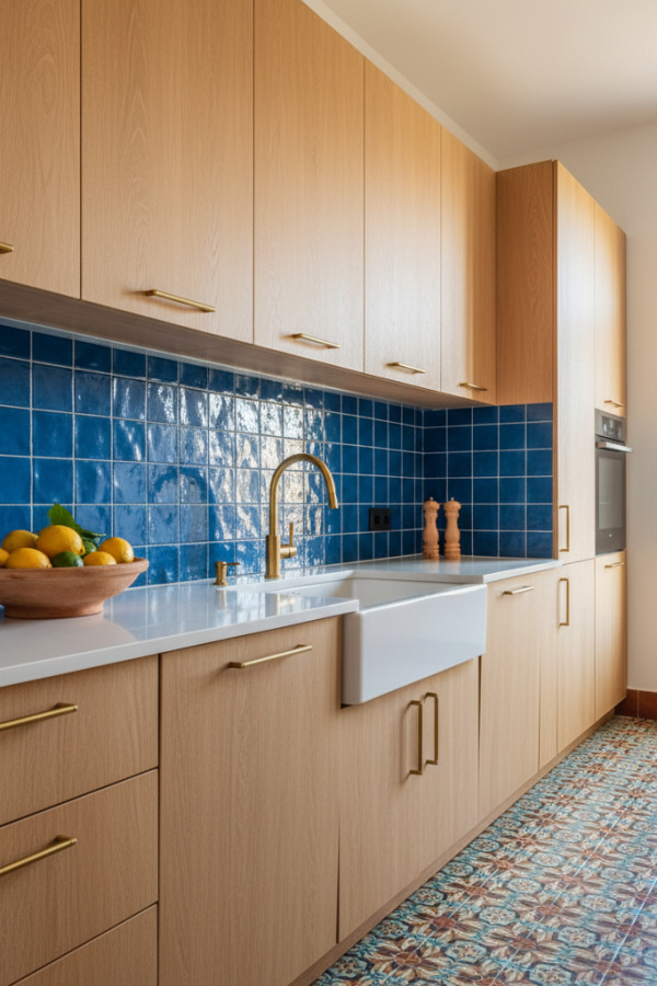 Modern Spanish Kitchen Backsplash, Cobalt Blue Ceramic Tiles, Light Wood Cabinets, Vibrant Clean-Lined Kitchen Modern Spanish Kitchen Backsplash, Cobalt Blue Ceramic Tiles, Light Wood Cabinets, Vibrant Clean-Lined Kitchen